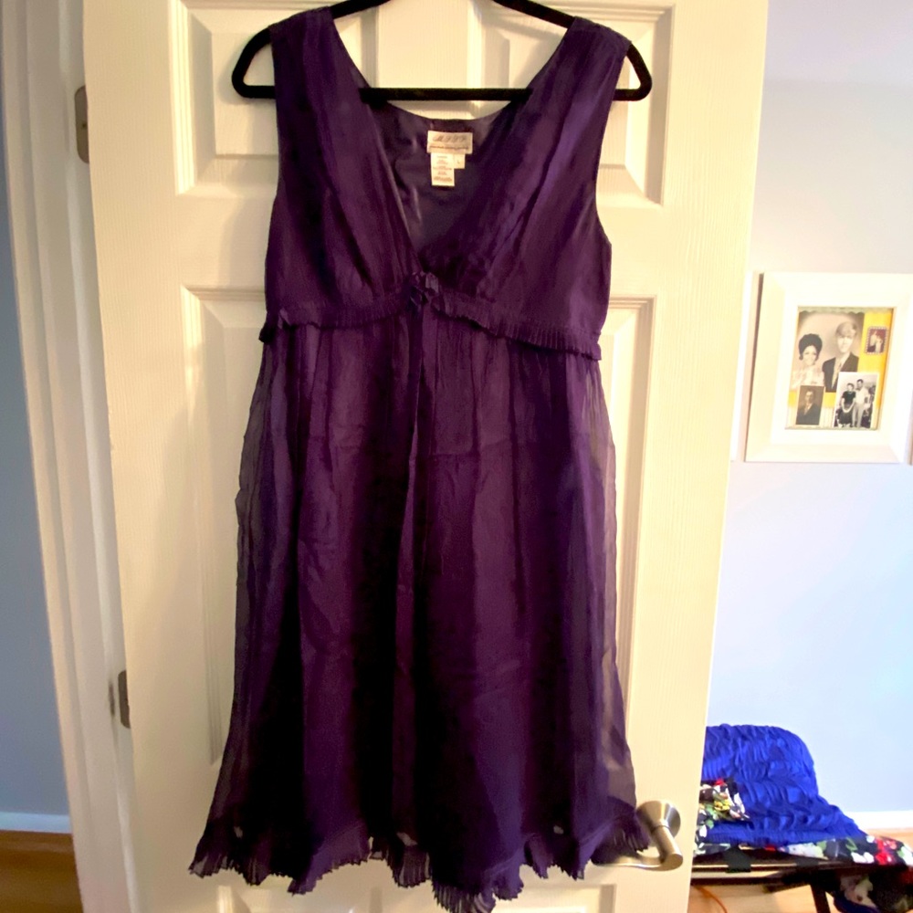 Eggplant colored dress with sheet overlay.  Several inches above the knee.